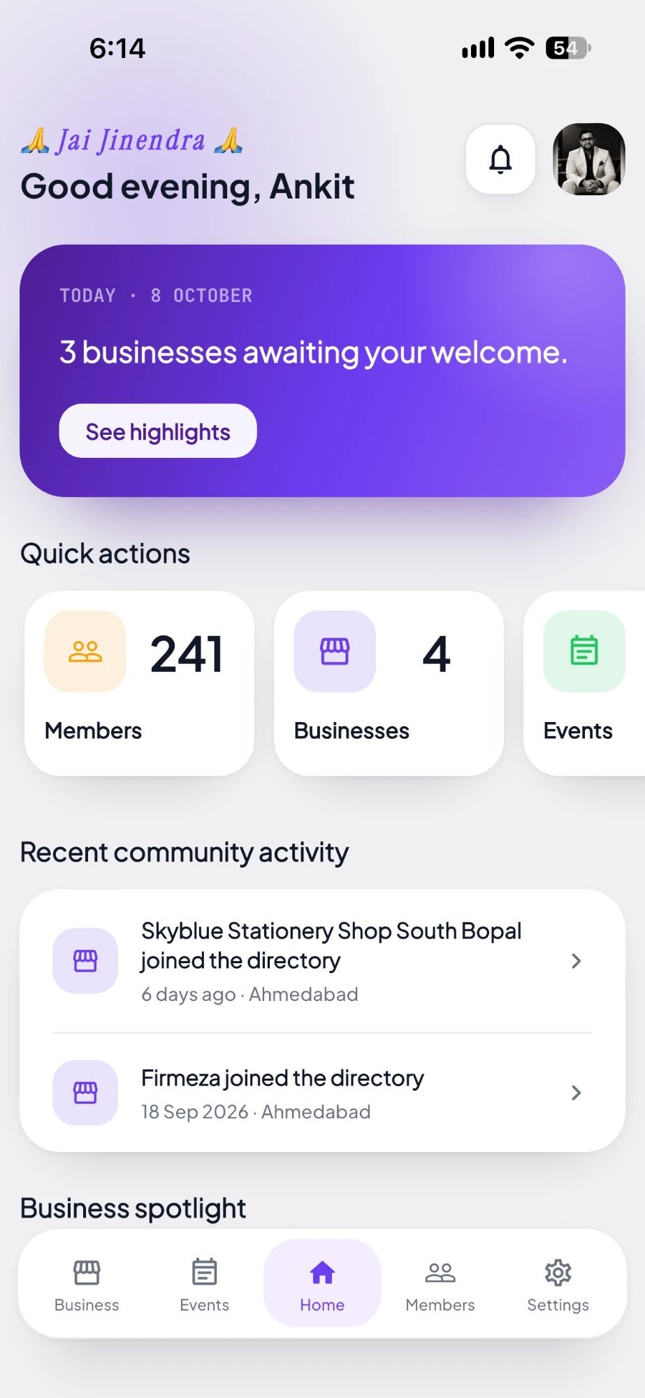 Home — community highlights and activity