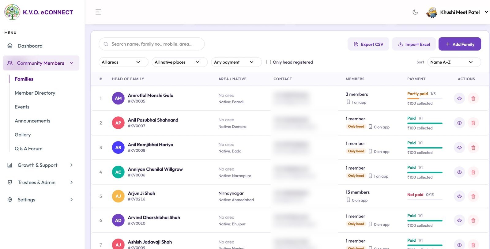 Searchable family register with payments