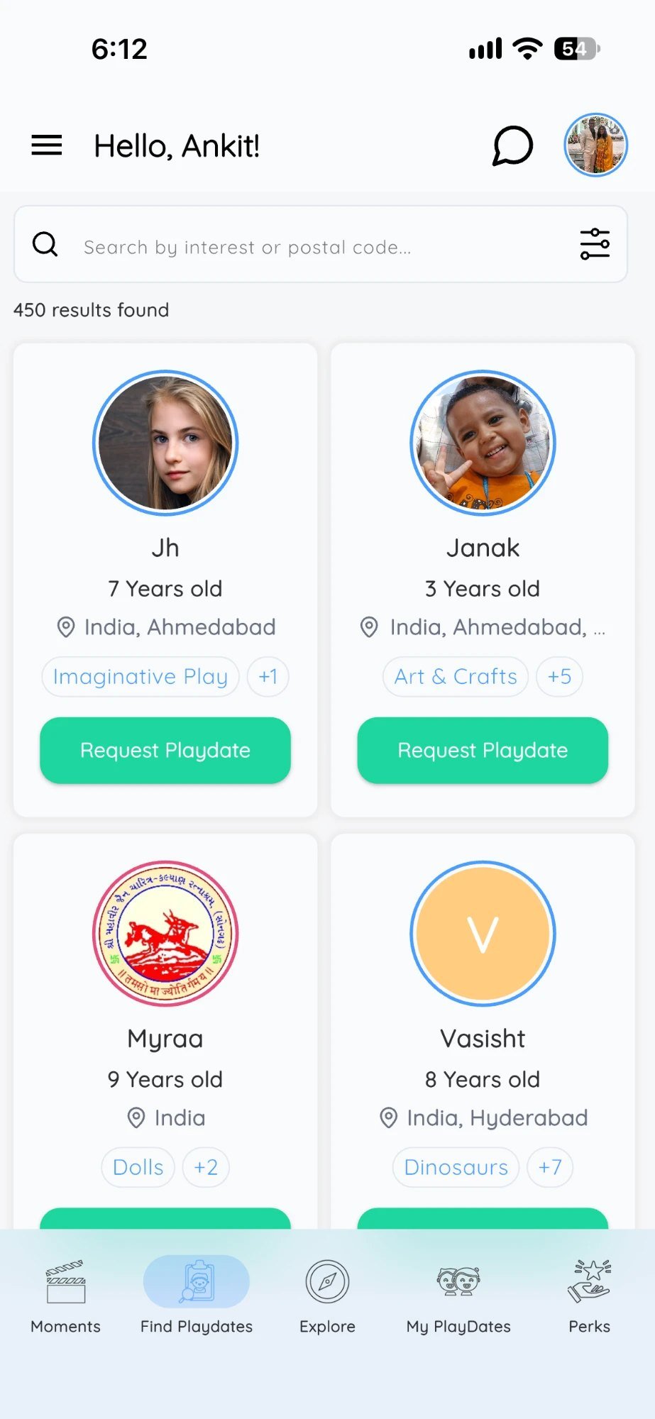 Find playdates by age and interest